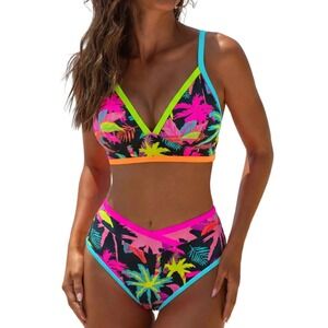 NWT Popvil Neon Tropical Print High Waisted Bikini Set 2 Piece Medium